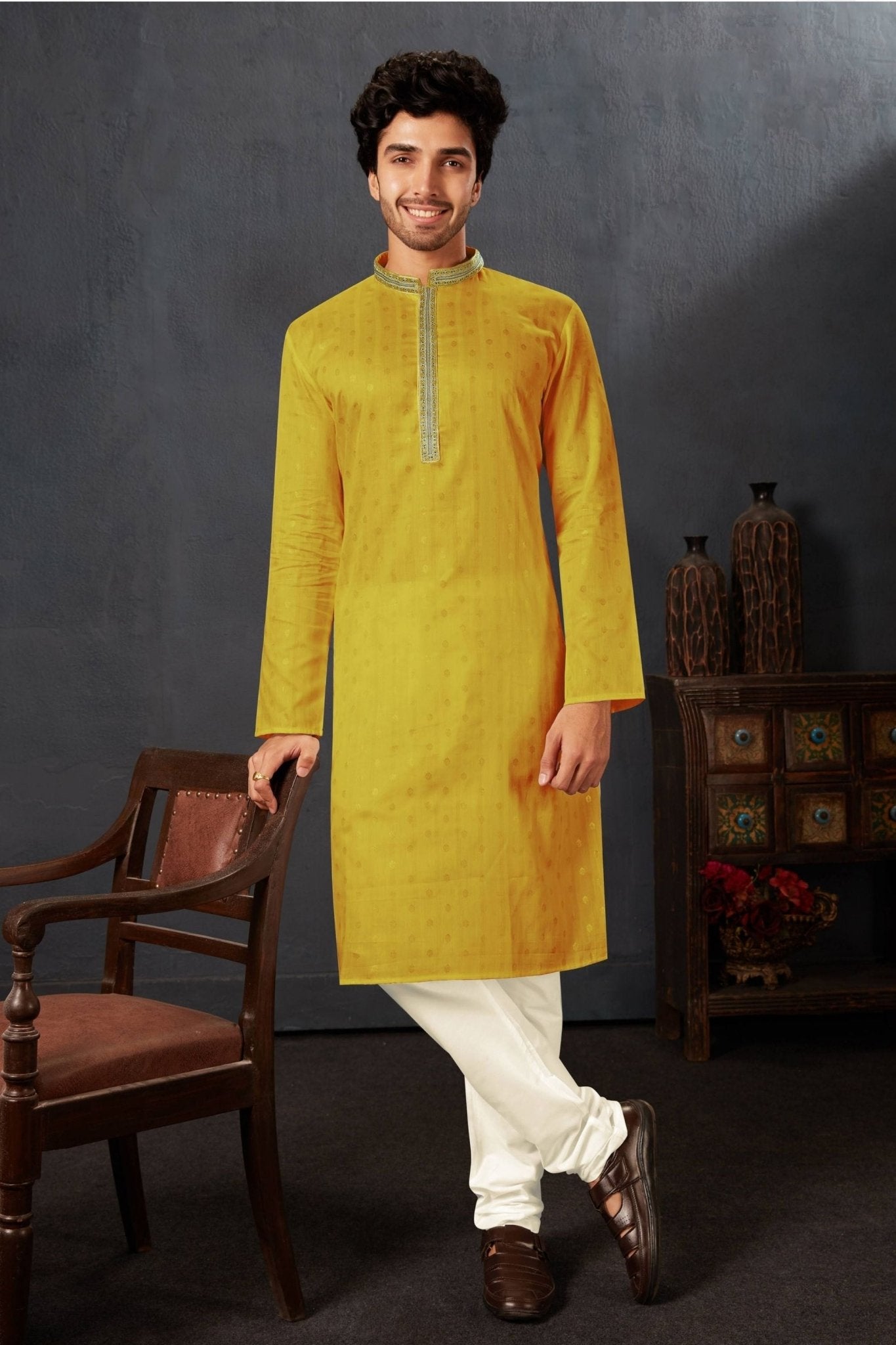 Men's Yellow Art Silk Kurta Pyjama Set with Mirror Embroidered Placket - Mangaldeep NX