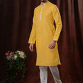 Men's Yellow Printed Art Silk Kurta Pyjama with Mirror Embroidered Placket - Mangaldeep NX