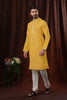 Men's Yellow Printed Art Silk Kurta Pyjama with Mirror Embroidered Placket - Mangaldeep NX