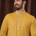 Men's Yellow Printed Art Silk Kurta Pyjama with Mirror Embroidered Placket - Mangaldeep NX