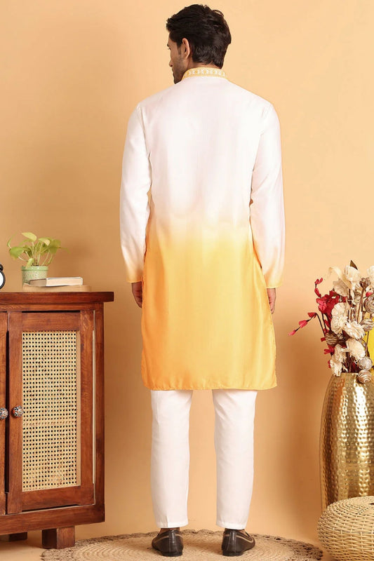 Men's Yellow & White Embroidered Cotton Silk Kurta Pyjama Set - Mangaldeep NX