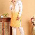 Men's Yellow & White Embroidered Cotton Silk Kurta Pyjama Set - Mangaldeep NX