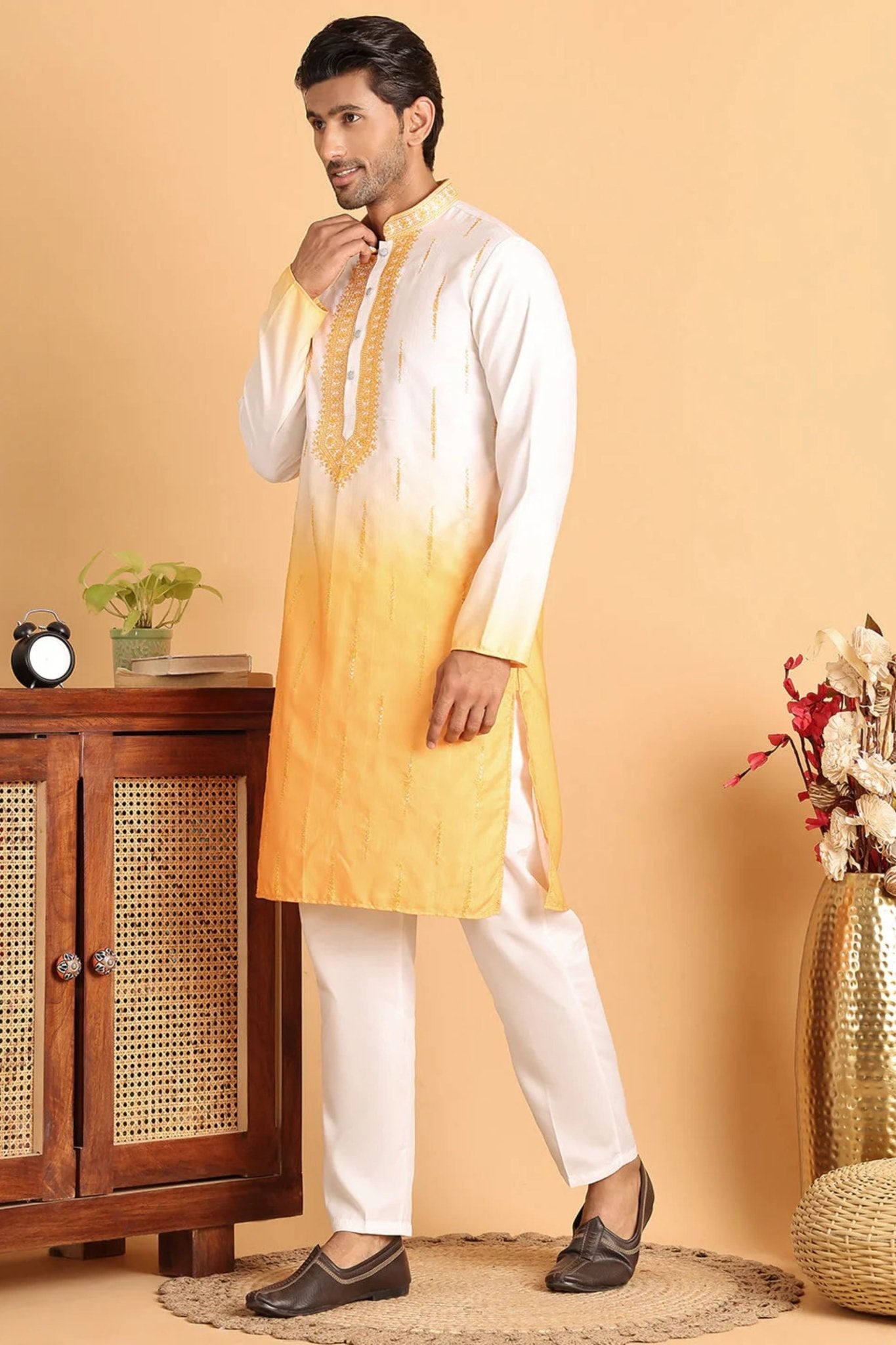 Men's Yellow & White Embroidered Cotton Silk Kurta Pyjama Set - Mangaldeep NX