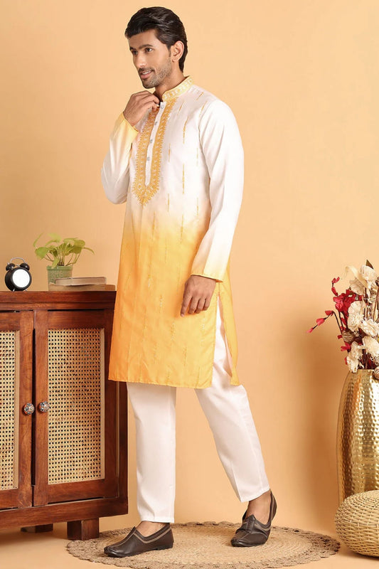 Men's Yellow & White Embroidered Cotton Silk Kurta Pyjama Set - Mangaldeep NX