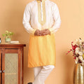 Men's Yellow & White Embroidered Cotton Silk Kurta Pyjama Set - Mangaldeep NX