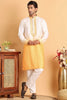 Men's Yellow & White Embroidered Cotton Silk Kurta Pyjama Set - Mangaldeep NX