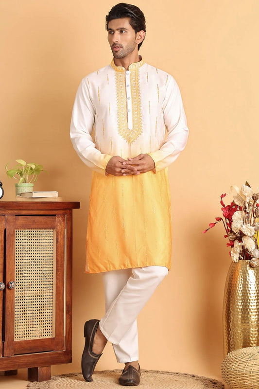 Men's Yellow & White Embroidered Cotton Silk Kurta Pyjama Set - Mangaldeep NX