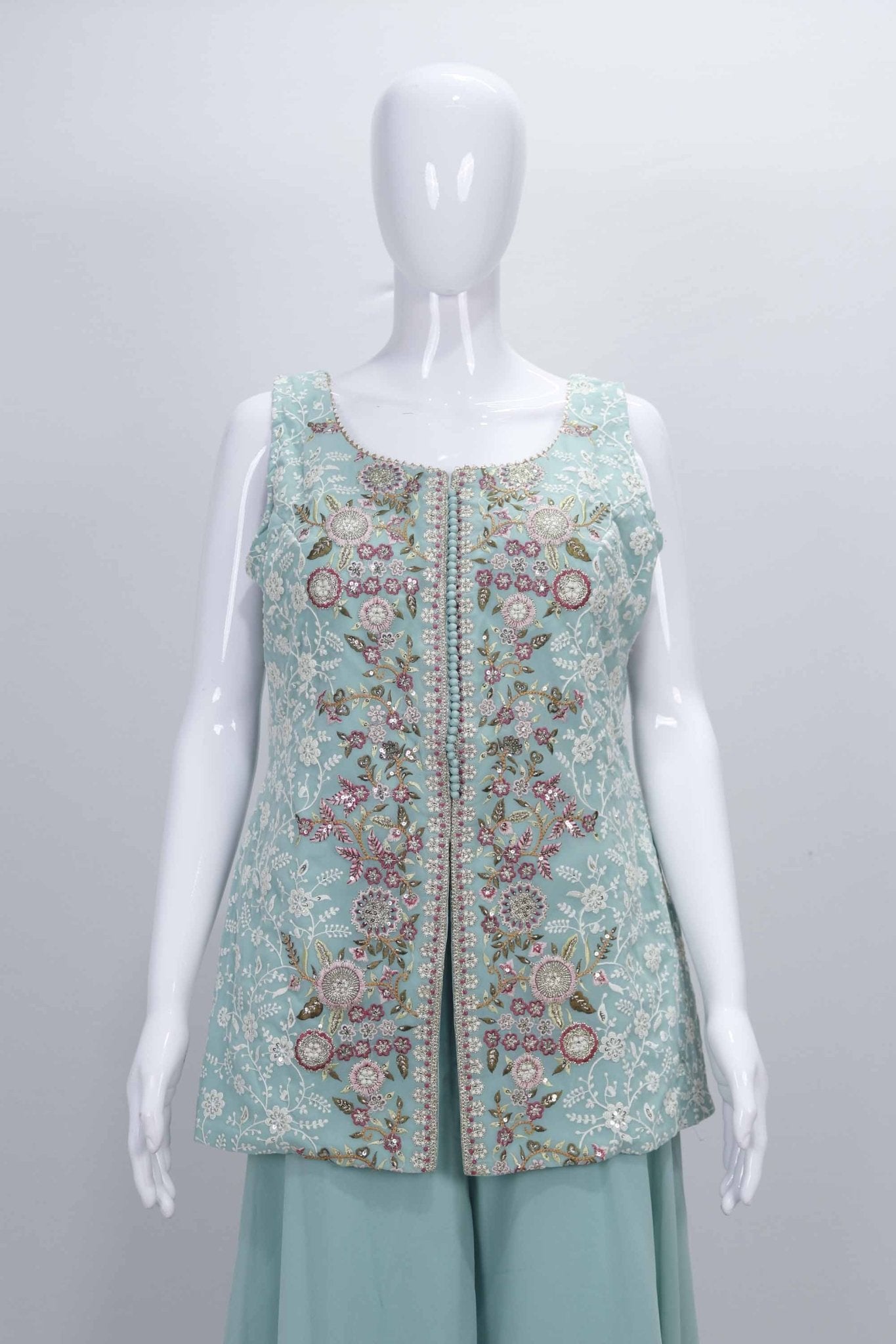 Mint Green Embroidered Party Wear Sharara Suit set. - Mangaldeep NX
