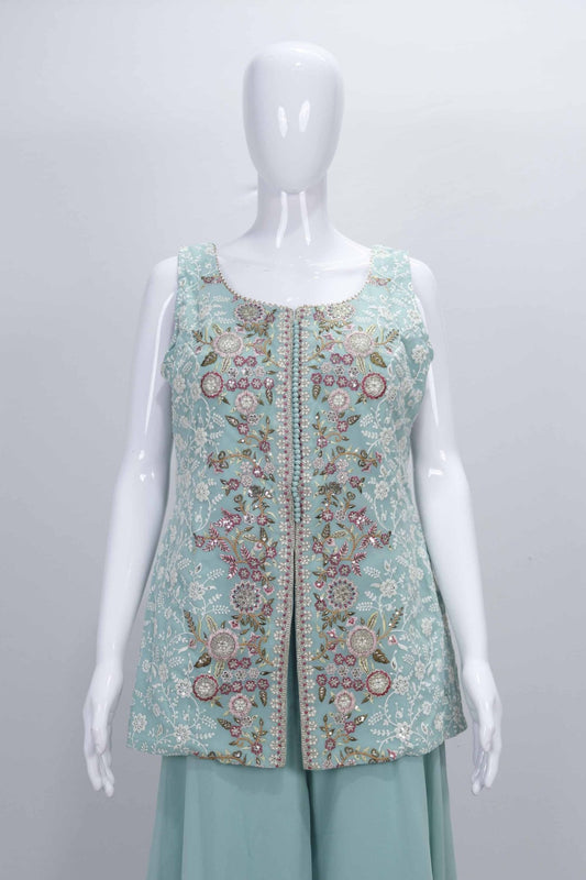 Mint Green Embroidered Party Wear Sharara Suit set. - Mangaldeep NX