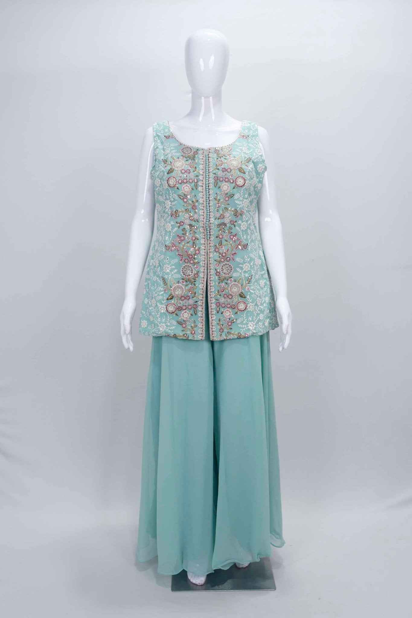 Mint Green Embroidered Party Wear Sharara Suit set. - Mangaldeep NX