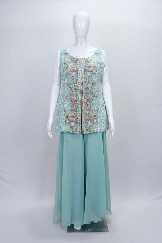 Mint Green Embroidered Party Wear Sharara Suit set. - Mangaldeep NX