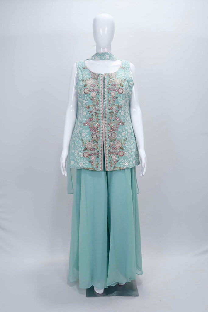 Mint Green Embroidered Party Wear Sharara Suit set. - Mangaldeep NX