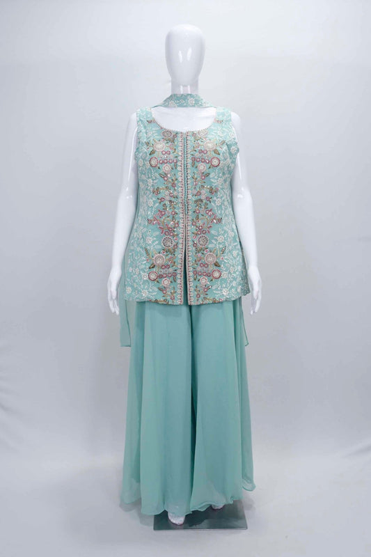 Mint Green Embroidered Party Wear Sharara Suit set. - Mangaldeep NX