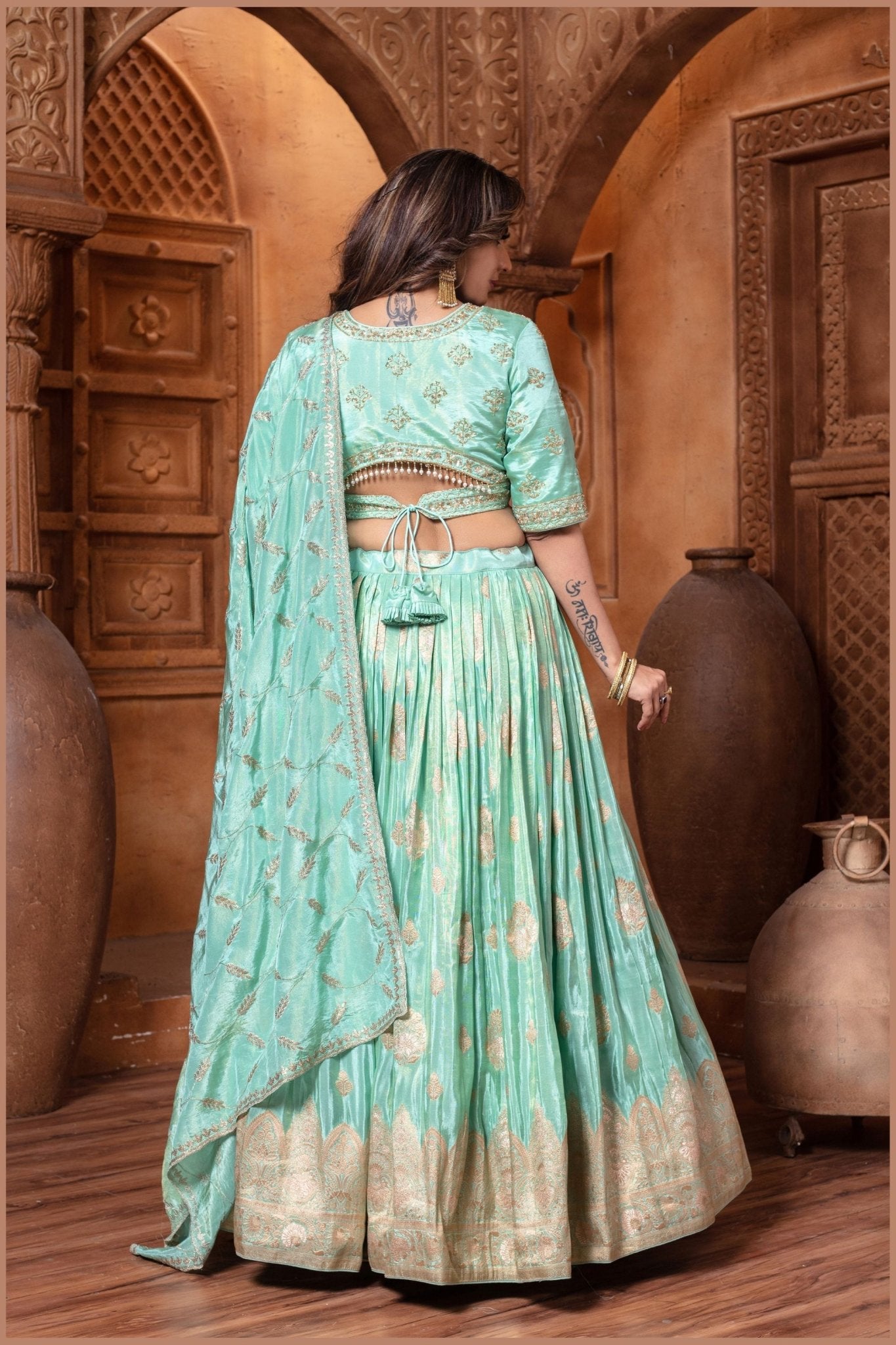 Mint Green Embroidered Silk Lehenga Choli with Dupatta - Mangaldeep NX