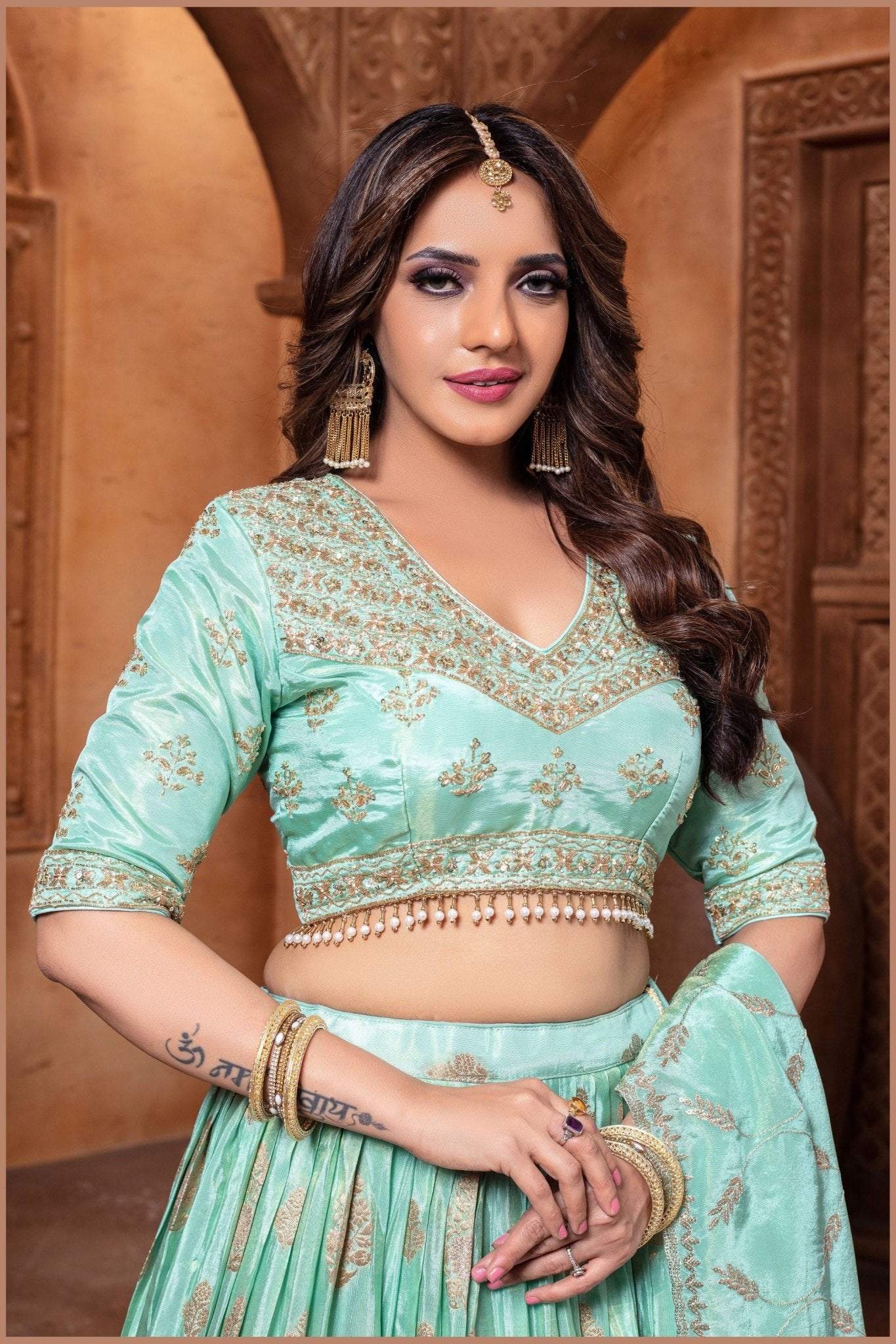 Mint Green Embroidered Silk Lehenga Choli with Dupatta - Mangaldeep NX
