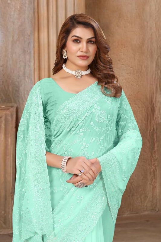 Mint Green Floral Embroidered Net Saree with Matching Blouse Piece - Mangaldeep NX