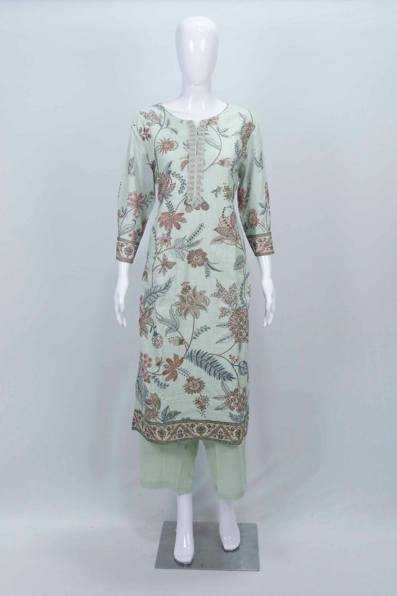 Mint Green Floral Printed Cotton Straight Suit Set with Embroidered Dupatta - Mangaldeep NX