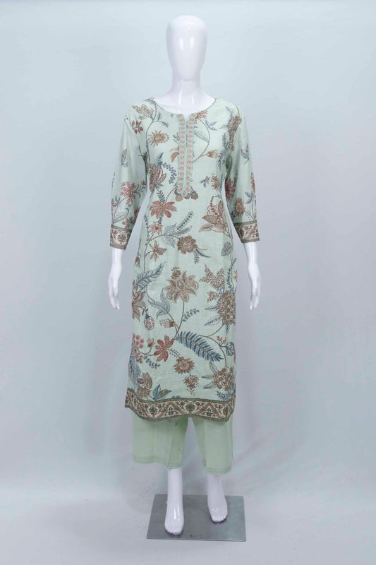 Mint Green Floral Printed Cotton Straight Suit Set with Embroidered Dupatta - Mangaldeep NX