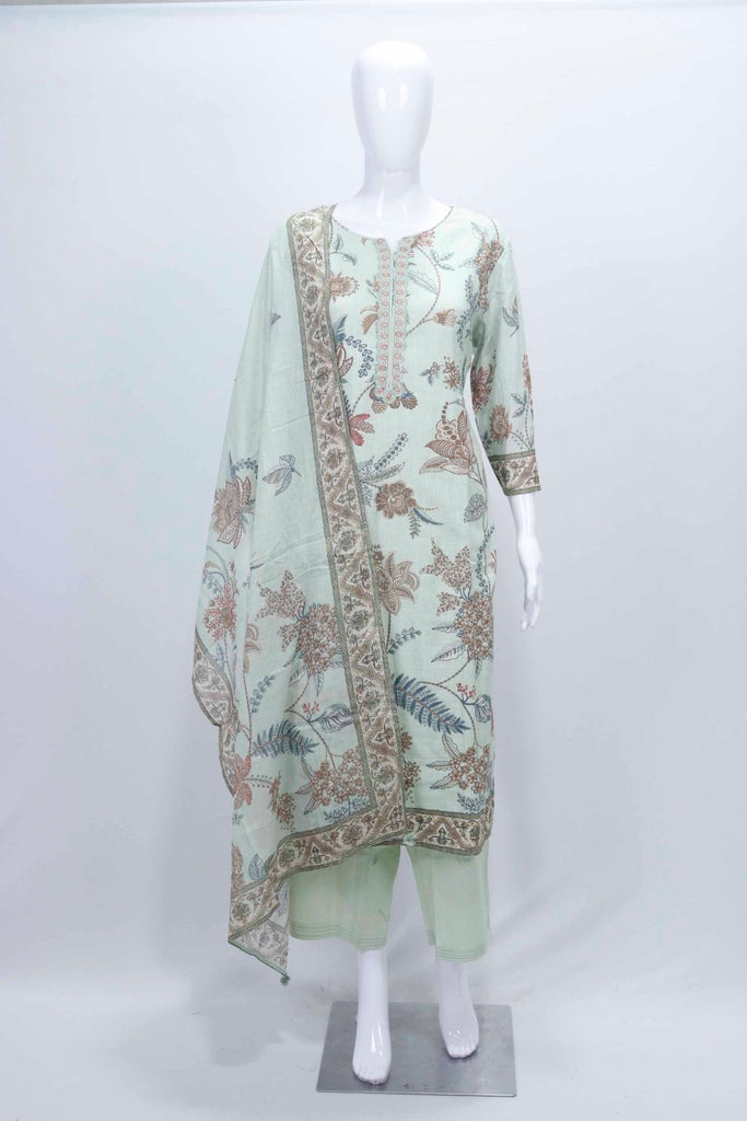 Mint Green Floral Printed Cotton Straight Suit Set with Embroidered Dupatta - Mangaldeep NX