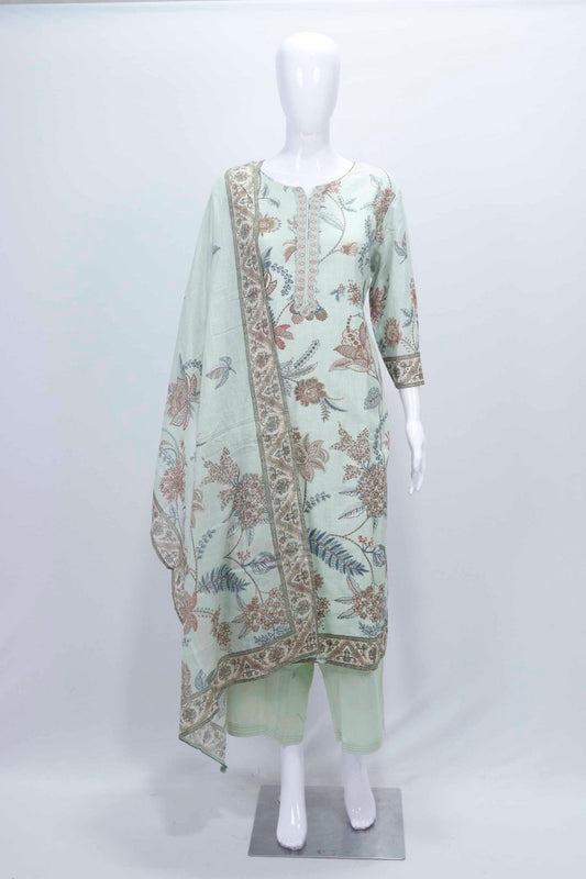 Mint Green Floral Printed Cotton Straight Suit Set with Embroidered Dupatta - Mangaldeep NX