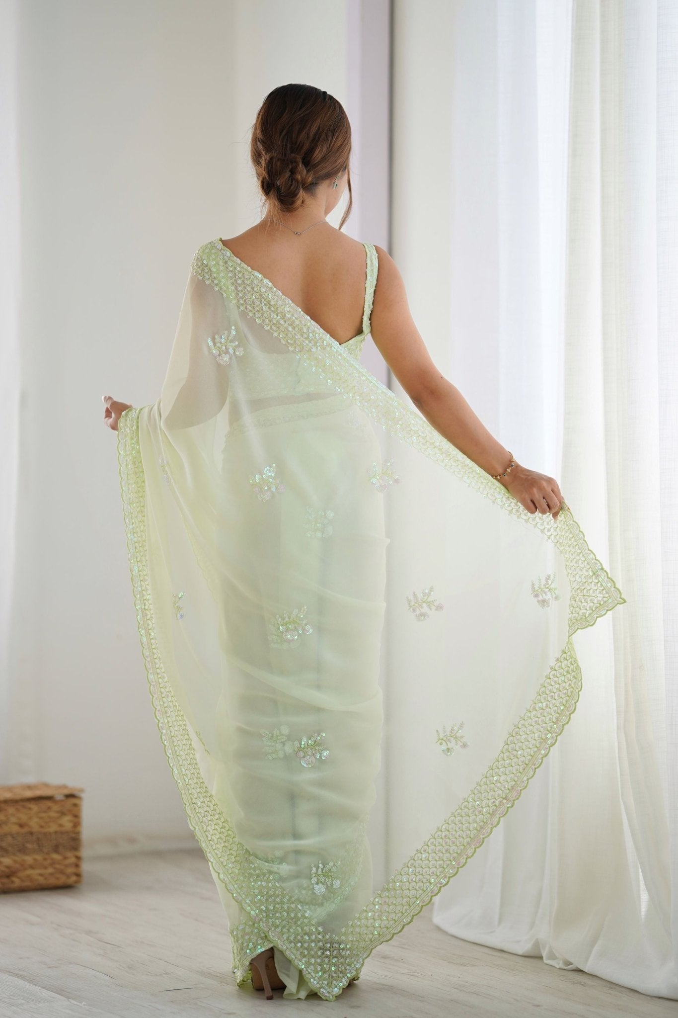 Mint Green Georgette Saree with Sequin Embellishments and Designer Blouse - Mangaldeep NX