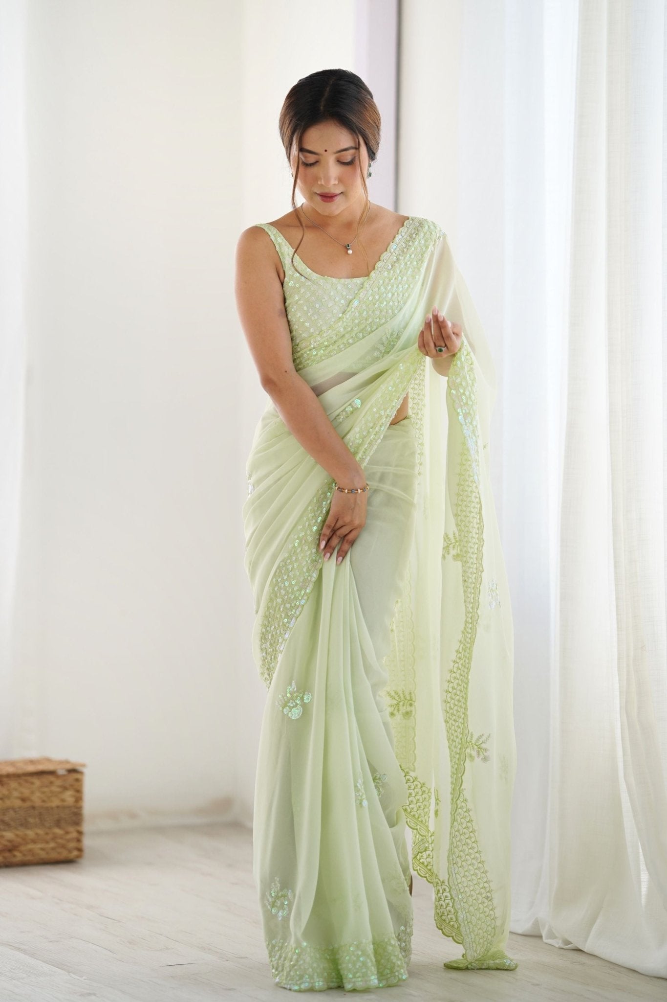 Mint Green Georgette Saree with Sequin Embellishments and Designer Blouse - Mangaldeep NX