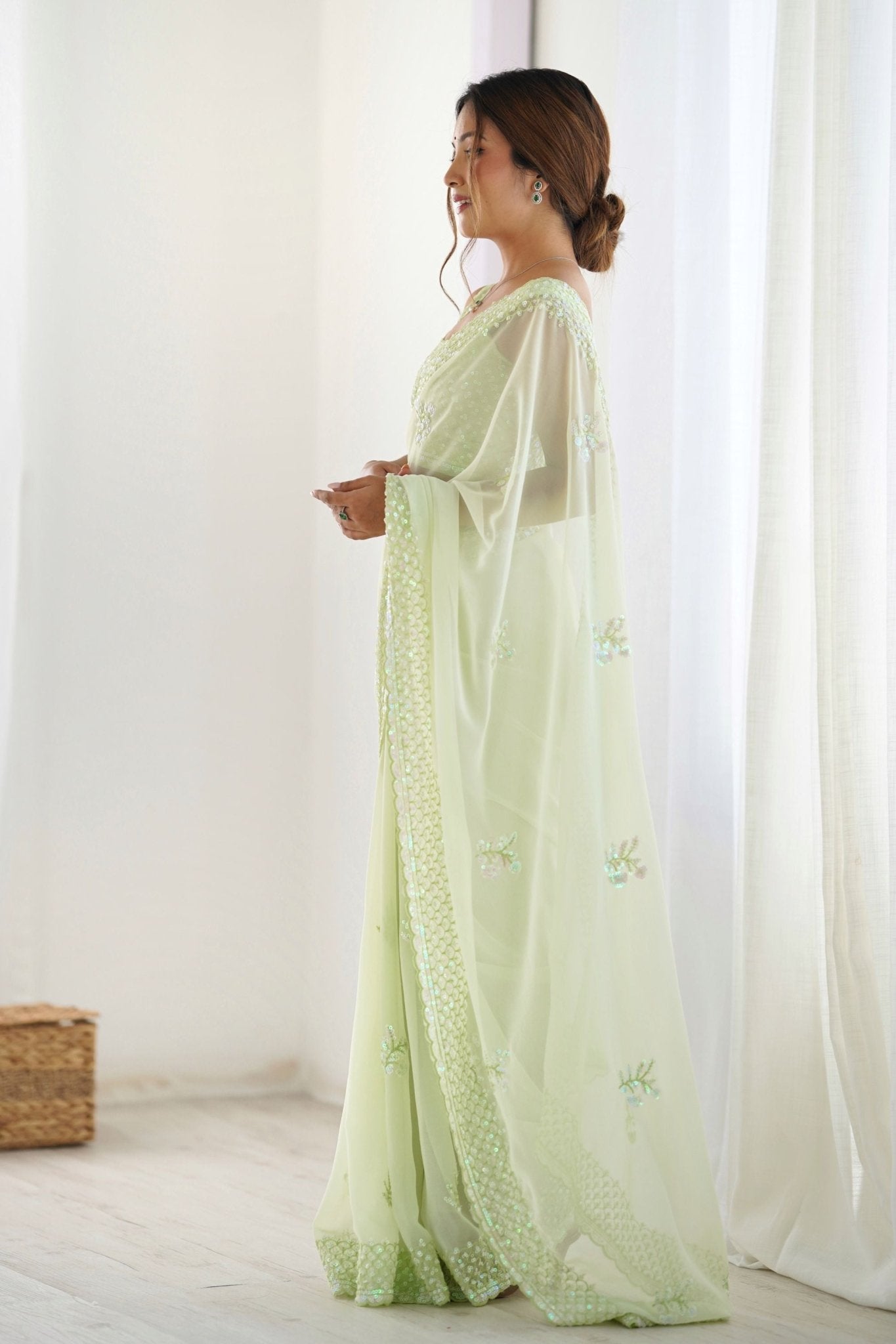 Mint Green Georgette Saree with Sequin Embellishments and Designer Blouse - Mangaldeep NX