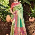 Mint Green Kanjivaram Silk Saree with Pink Zari Woven Border and Floral Pallu - Mangaldeep NX