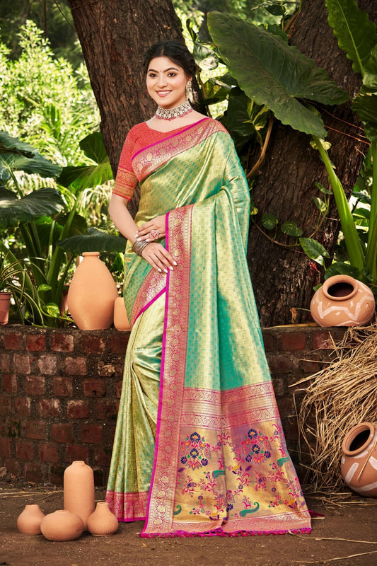 Mint Green Kanjivaram Silk Saree with Pink Zari Woven Border and Floral Pallu - Mangaldeep NX