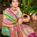 Mint Green Kanjivaram Silk Saree with Pink Zari Woven Border and Floral Pallu - Mangaldeep NX