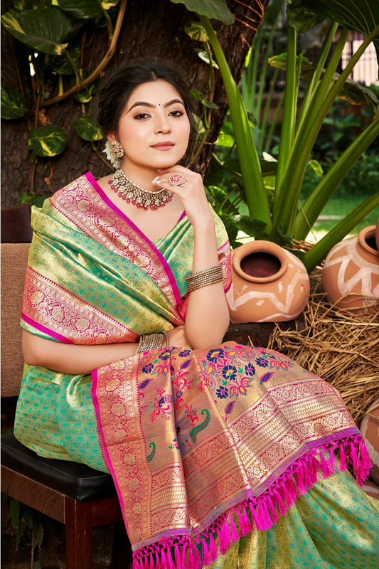 Mint Green Kanjivaram Silk Saree with Pink Zari Woven Border and Floral Pallu - Mangaldeep NX