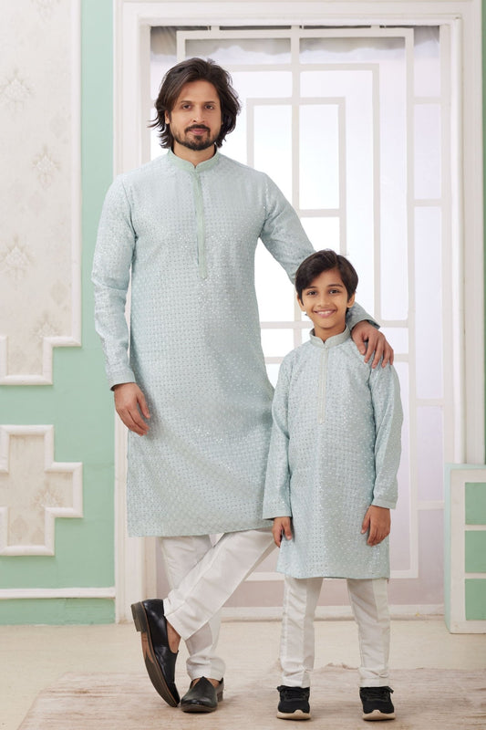 Mint Green Mirror Embroidered Kurta Pajama Set for Father and Son - Mangaldeep NX