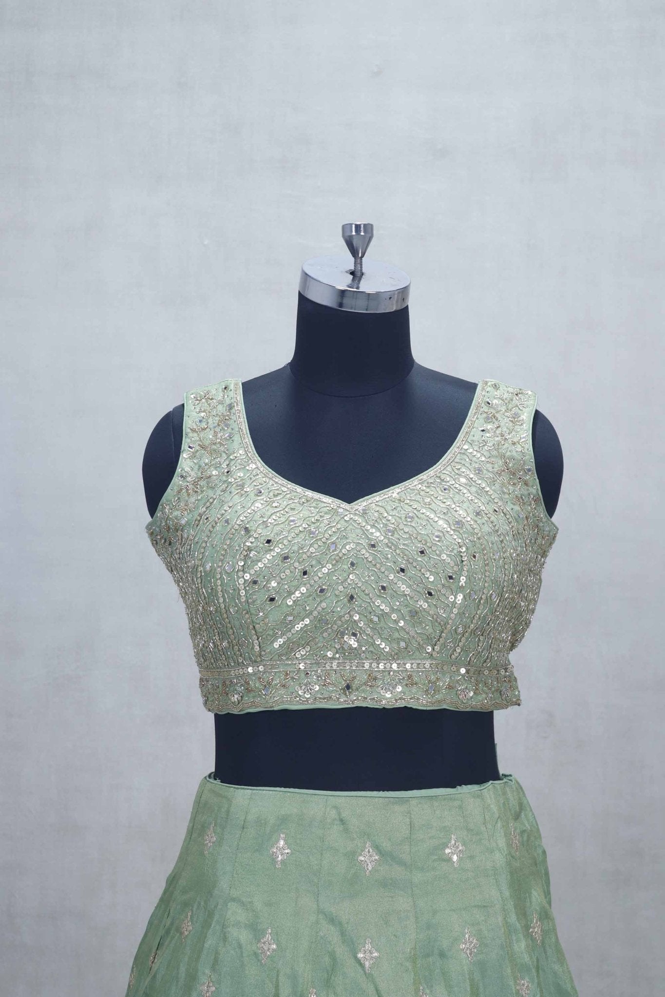 Mint Green Mirror Embroidered Lehenga Choli with V - Neck Blouse and Zari Work Dupatta - Mangaldeep NX