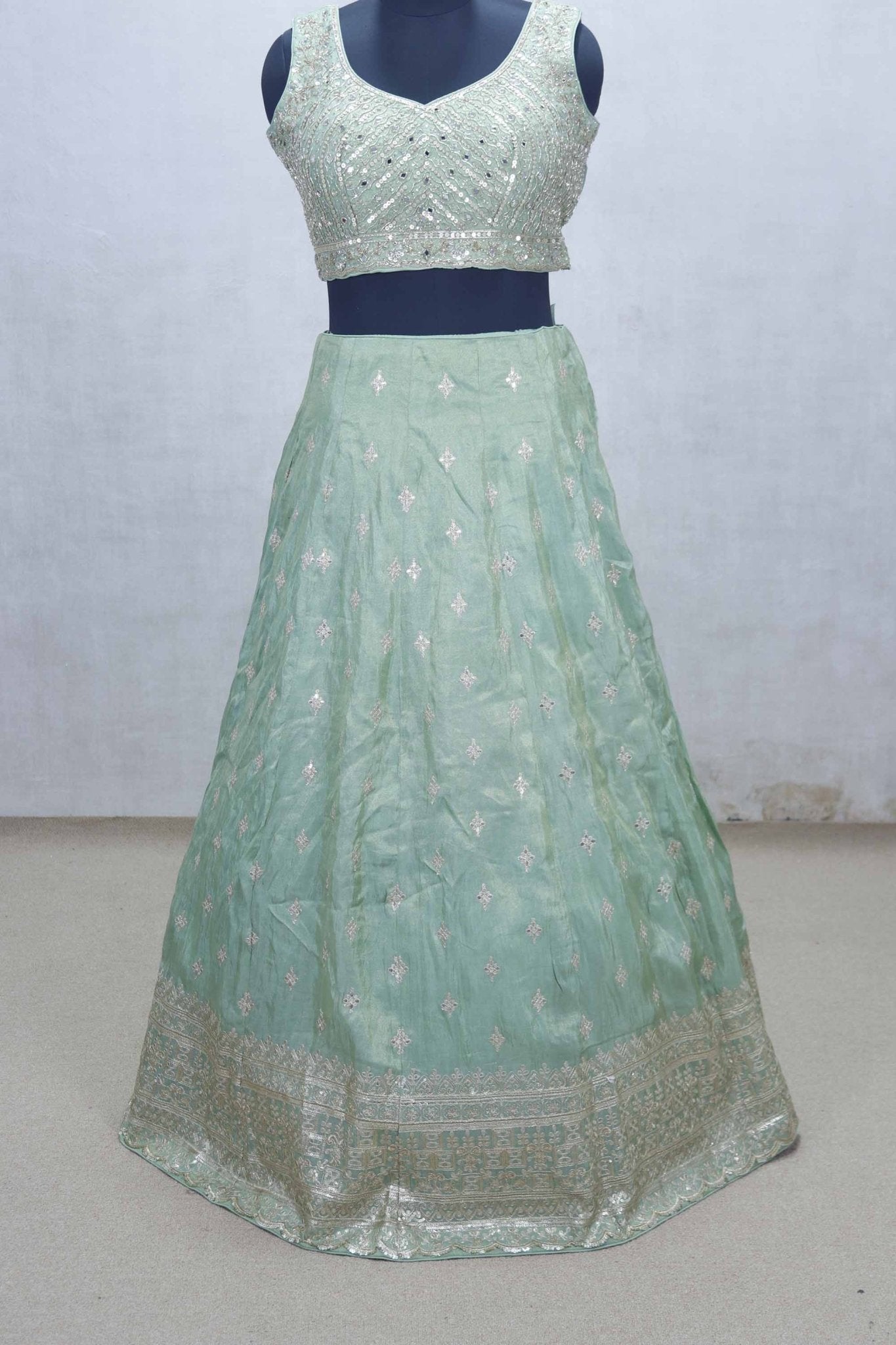 Mint Green Mirror Embroidered Lehenga Choli with V - Neck Blouse and Zari Work Dupatta - Mangaldeep NX
