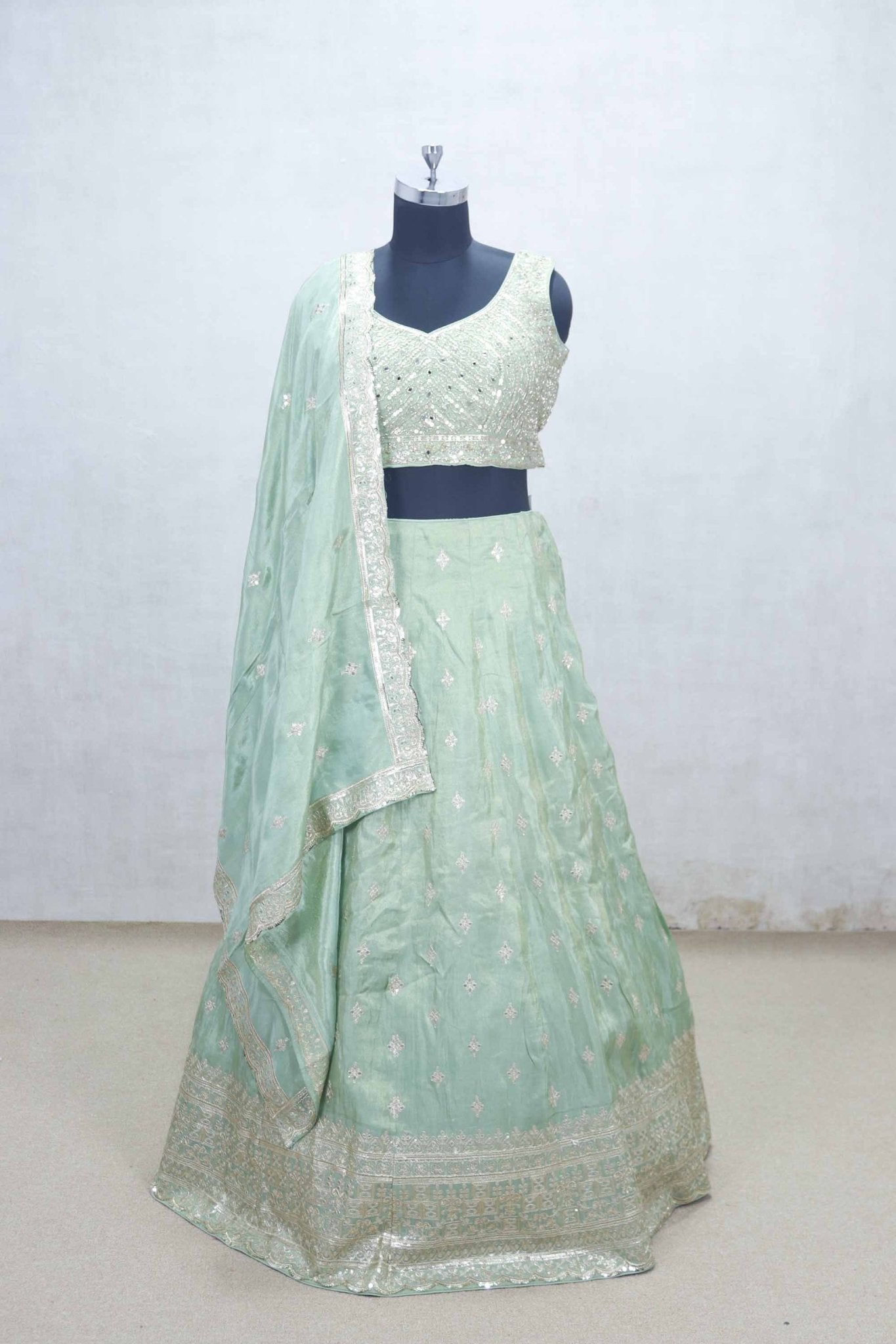 Mint Green Mirror Embroidered Lehenga Choli with V - Neck Blouse and Zari Work Dupatta - Mangaldeep NX