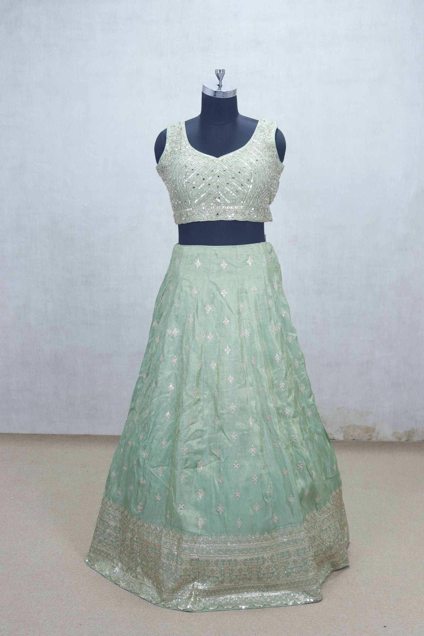 Mint Green Mirror Embroidered Lehenga Choli with V - Neck Blouse and Zari Work Dupatta - Mangaldeep NX