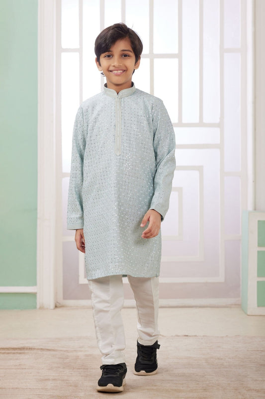 Mint Green Mirror Festive Wear Embroidered Kurta Pajama Set for Boys - Mangaldeep NX