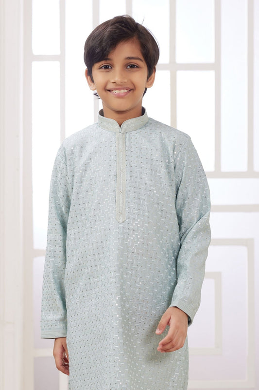 Mint Green Mirror Festive Wear Embroidered Kurta Pajama Set for Boys - Mangaldeep NX