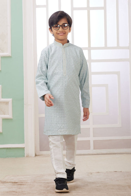Mint Green Mirror Festive Wear Embroidered Kurta Pajama Set for Boys - Mangaldeep NX
