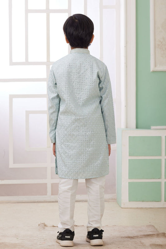 Mint Green Mirror Festive Wear Embroidered Kurta Pajama Set for Boys - Mangaldeep NX