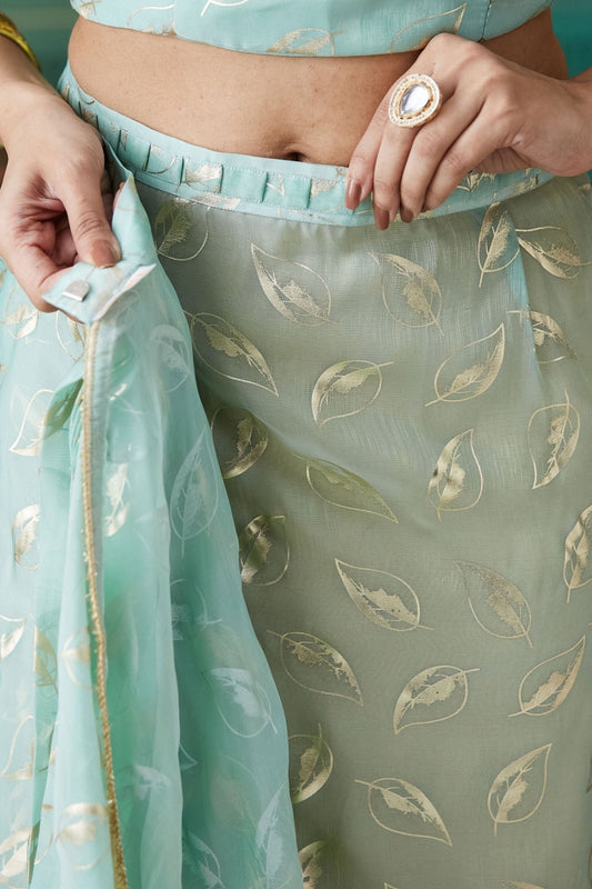Mint Green Organza Saree with Gold Leaf Print and Sequin Border - Mangaldeep NX