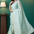 Mint Green Organza Saree with Gold Leaf Print and Sequin Border - Mangaldeep NX