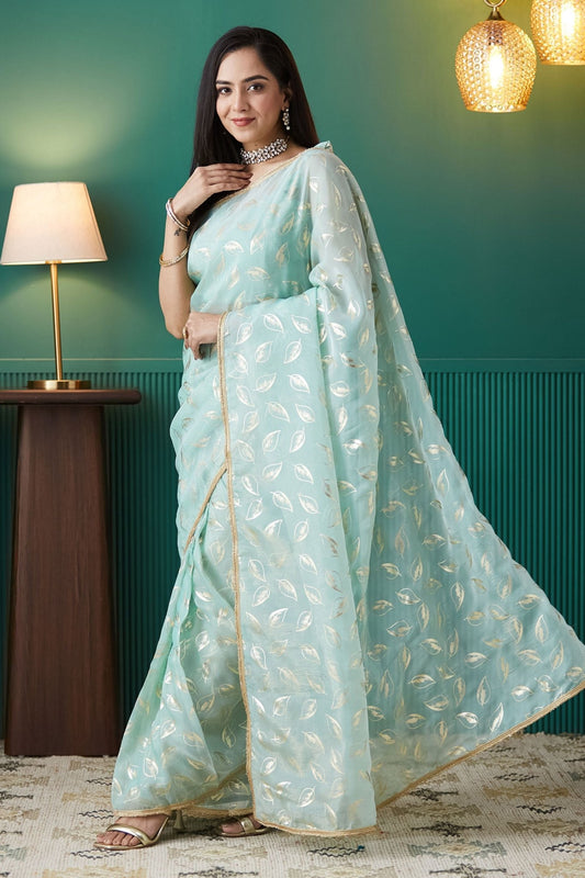 Mint Green Organza Saree with Gold Leaf Print and Sequin Border - Mangaldeep NX