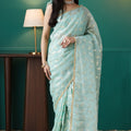 Mint Green Organza Saree with Gold Leaf Print and Sequin Border - Mangaldeep NX