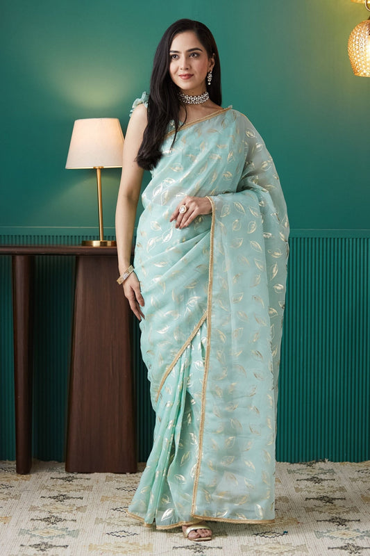 Mint Green Organza Saree with Gold Leaf Print and Sequin Border - Mangaldeep NX