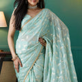 Mint Green Organza Saree with Gold Leaf Print and Sequin Border - Mangaldeep NX