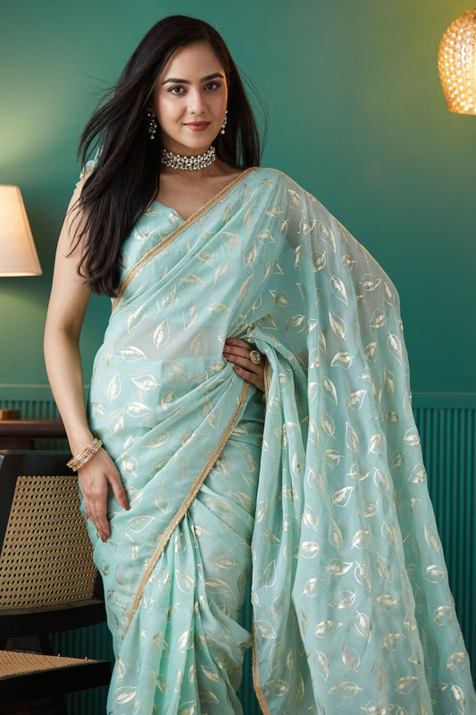 Mint Green Organza Saree with Gold Leaf Print and Sequin Border - Mangaldeep NX