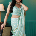 Mint Green Organza Saree with Gold Leaf Print and Sequin Border - Mangaldeep NX