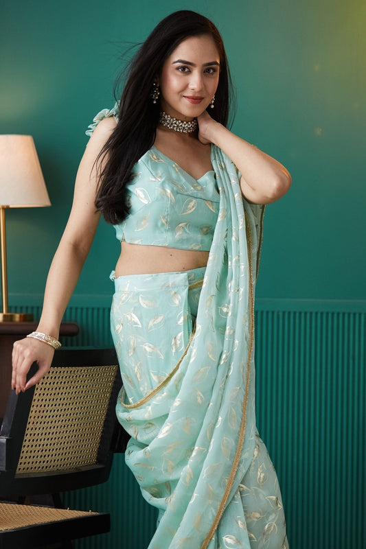 Mint Green Organza Saree with Gold Leaf Print and Sequin Border - Mangaldeep NX