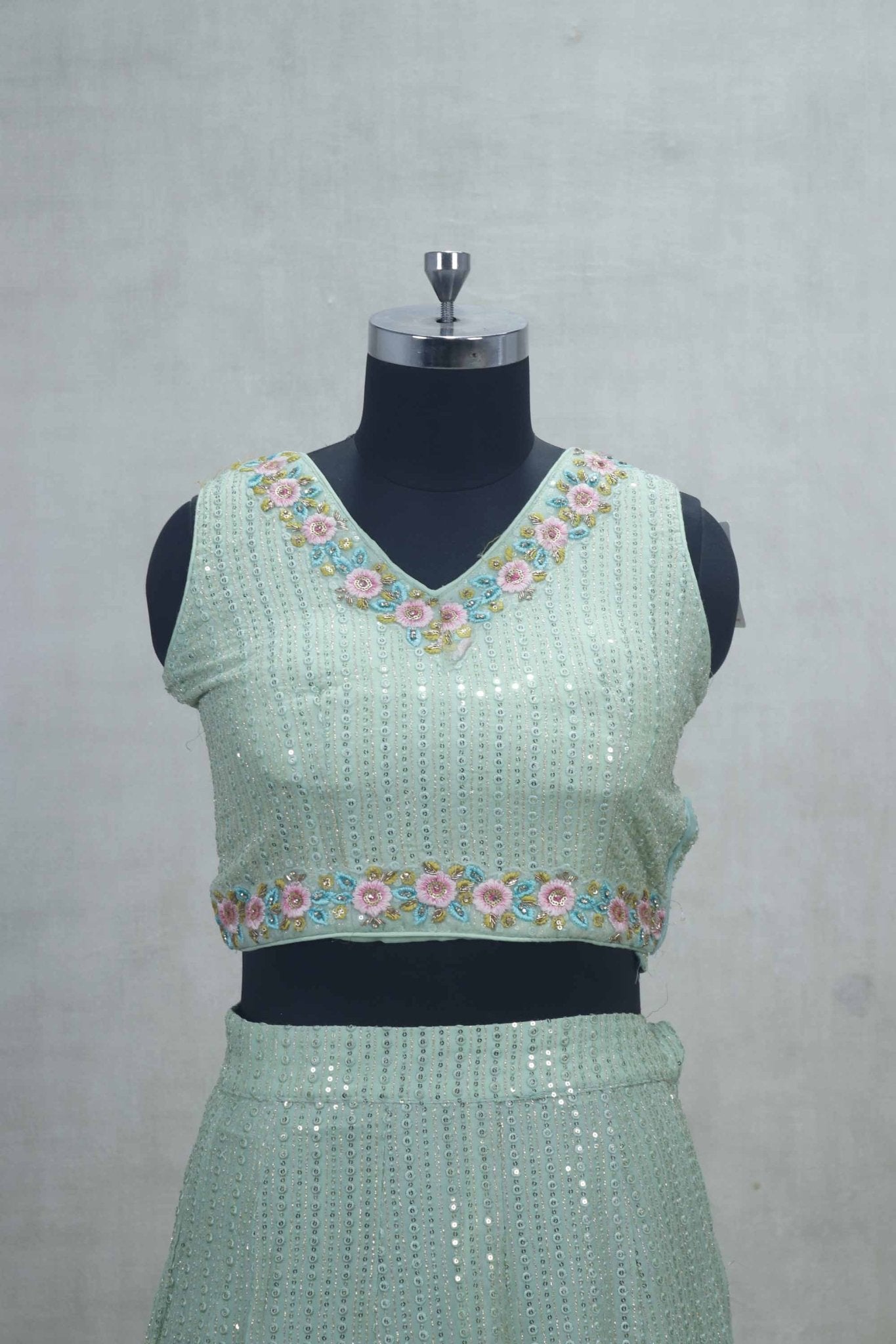 Mint Green Sequin Embroidered Lehenga Choli with Yellow Dupatta - Mangaldeep NX